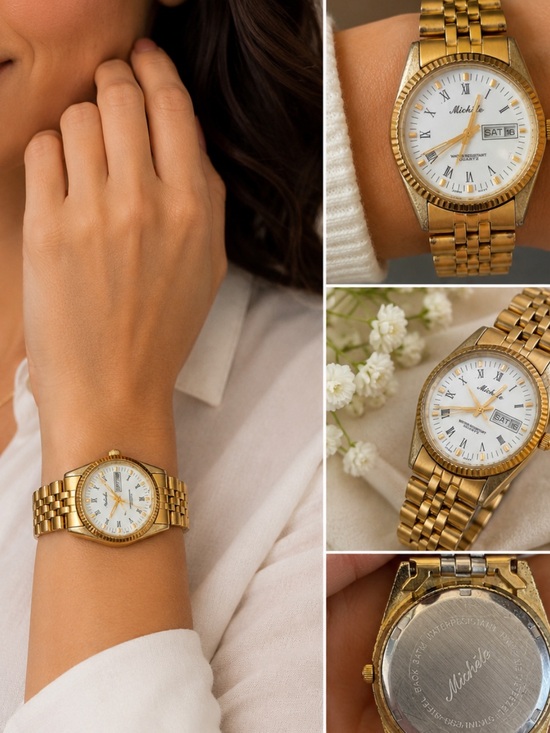 Michele Accessories - Vintage Michele 33mm Gold Tone Quartz Day Date Watch White Roman Dial